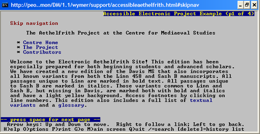 Accessible Aethelfrith navigation in Lynx (80% actual size).