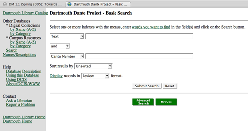 Dartmouth Dante Project search interface (50% actual size)