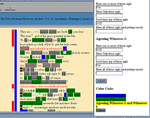 The Watersheds Diagnostic script applies background color to readings in Ht according to the user's selection of conditions fulfilled by the values of the wit attributes of lem and rdg. The script can be used to examine levels of contamination from one or more different witnesses as well as across the A, B, and C traditions.