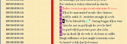 Two features marked up with the newly defined scribapp element, a marginal drypoint score (purple and yellow stripe), and an erased corrector's crux (white x with a black background) coincide with an A unary interpolation, revealing a prime location for exploring the possibility that the scribe was consulting more than one A exemplar, invoking the drypoint score.