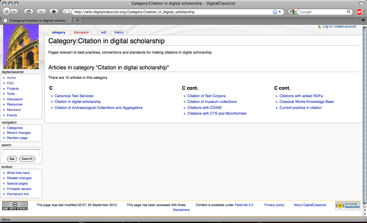 Category: Citation in digital scholarship http://wiki.digitalclassicist.org/Category:Citation_in_digital_scholarship