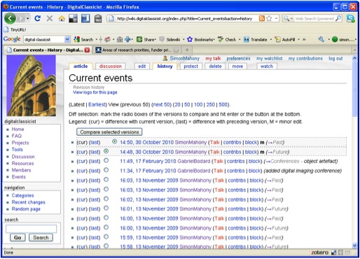 History page for Events showing date and author of all edits