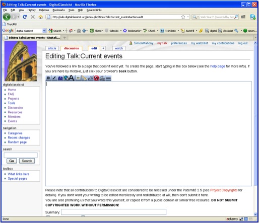 Discussion page (empty) Talk:Current Events page on the DC wiki http://wiki.digitalclassicist.org/index.php?title=Talk:Current_events&action=edit