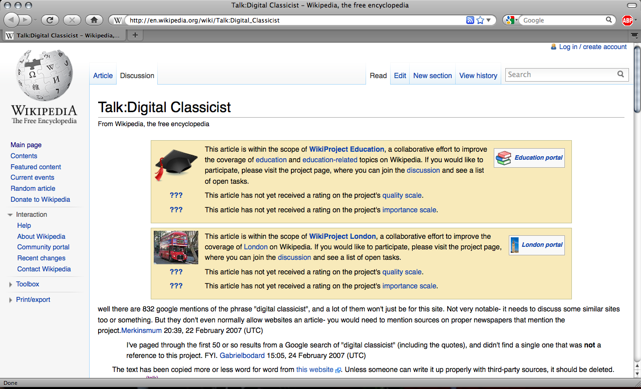 Discussion page Talk:Digital Classicist on Wikipedia (shown for illustration) http://en.wikipedia.org/wiki/Talk:Digital_Classicist