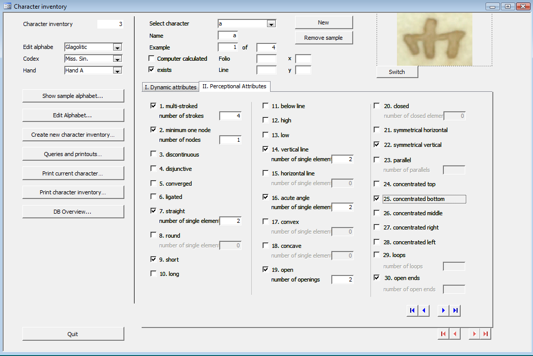 Figure 6: Graphical User Interface of the Character Database