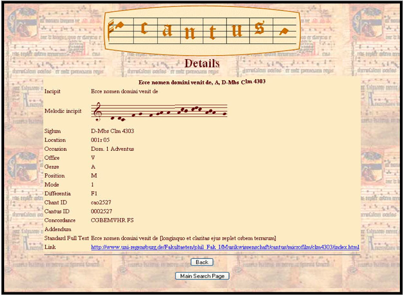 Website "Details" page showing all the recorded data for one chant, including the melodic incipit displayed in Volpiano font.