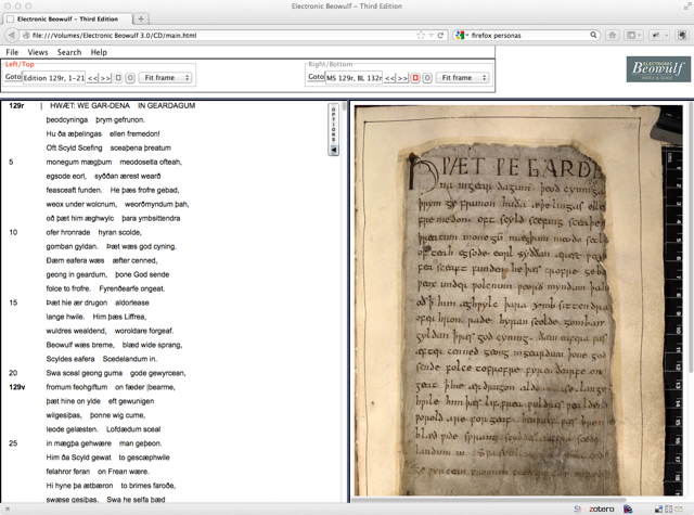 The edition’s interface, opened to the beginning of Beowulf.