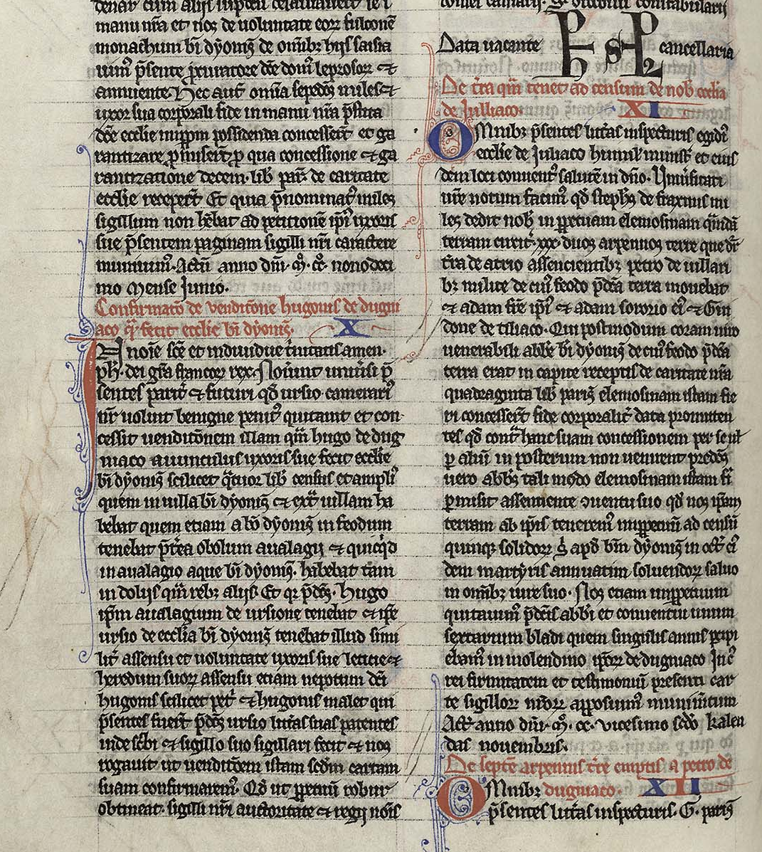 An image reproducing the bottom of the page 428 of the first volume of the CB (on the right column, we can see the rubric and 2 lines of the text of Dugny 12 charter). The entire digitized page can be reached by using the following URL: