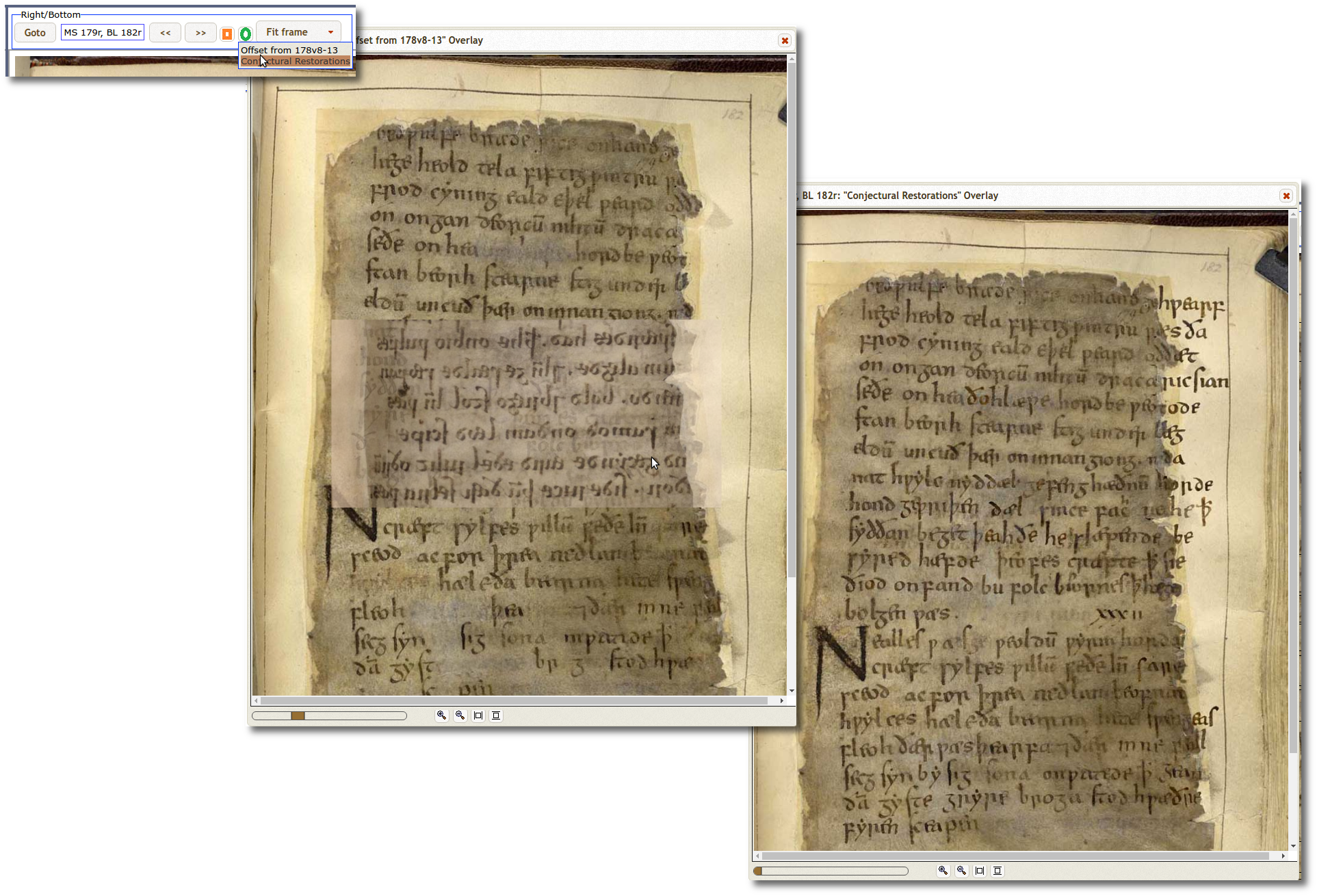 Screenshots showing the Overlay button (left), the "offset" view of f. 179r (reversed superimposition) with opacity set to about 20% (centre), and the "conjectural restoration" view with opacity set to 0 (right).