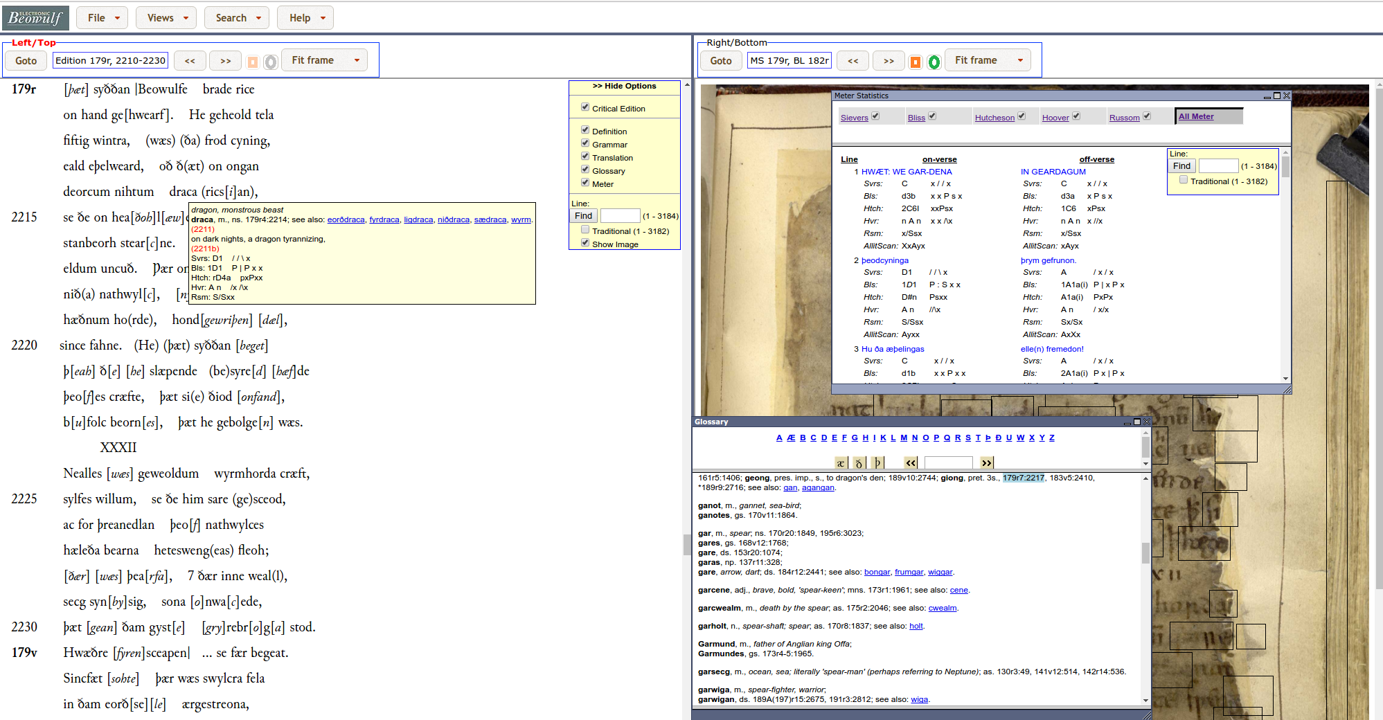 Screenshot showing tool tip with all grammatical, metrical, and lexical information turned on. Glossary and metrical windows are over the right panel and can be resized and moved.