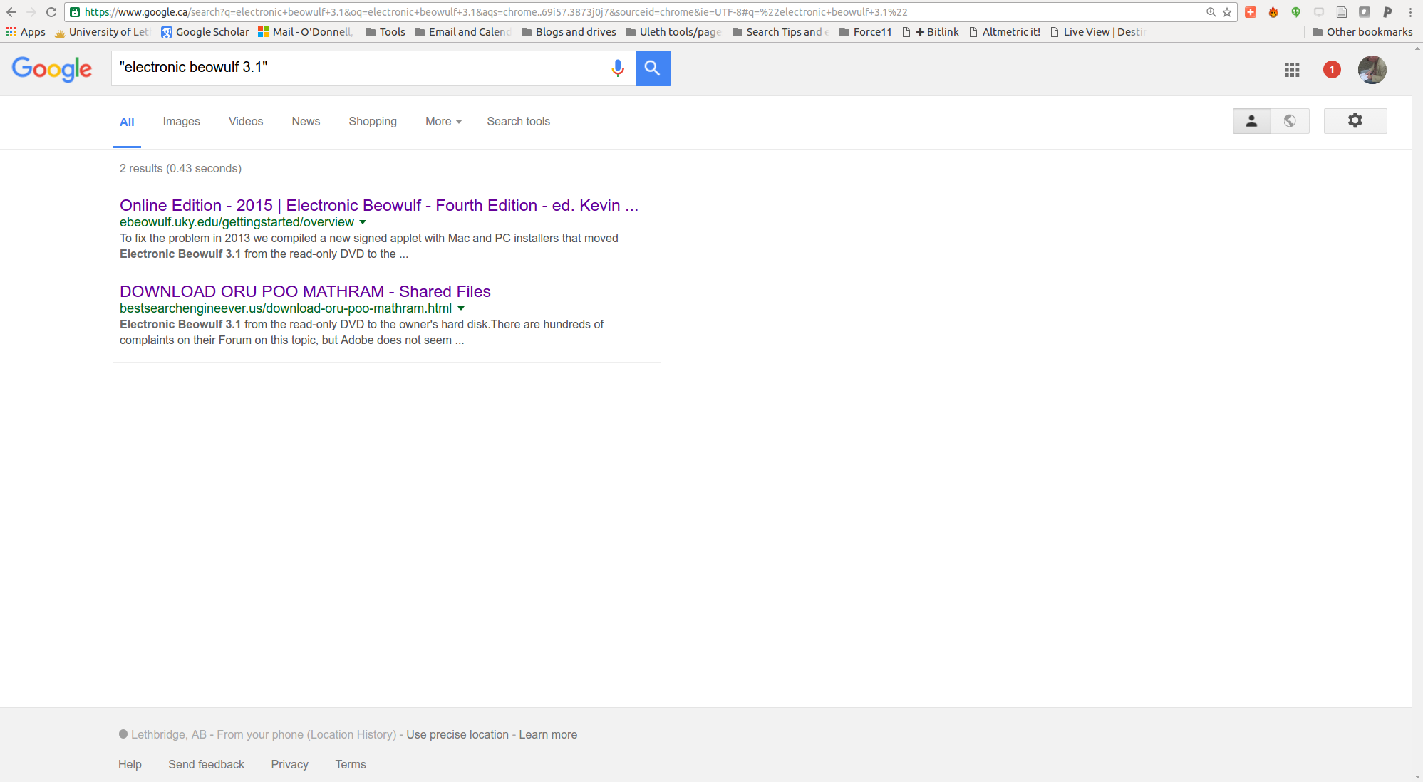 Google Search Engine Result Page for search "electronic beowulf 3.1".